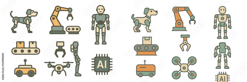 Various robotic and artificial intelligence concepts featuring animals, machines, and technologies in a colorful design Various robotic and artificial intelligence concepts featuring animals, machines, and technologies in a colorful design