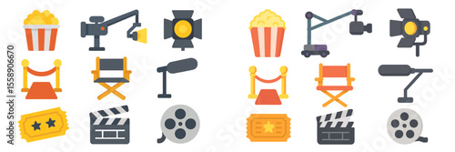 Icons representing film production tools and elements including popcorn, cameras, and director's chairs showcasing the essence of the movie industry