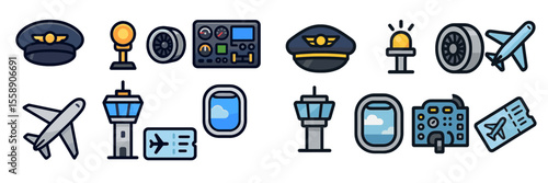 Icons represent various aspects of aviation and flying, showcasing airline professionals and aircraft components in a colorful design