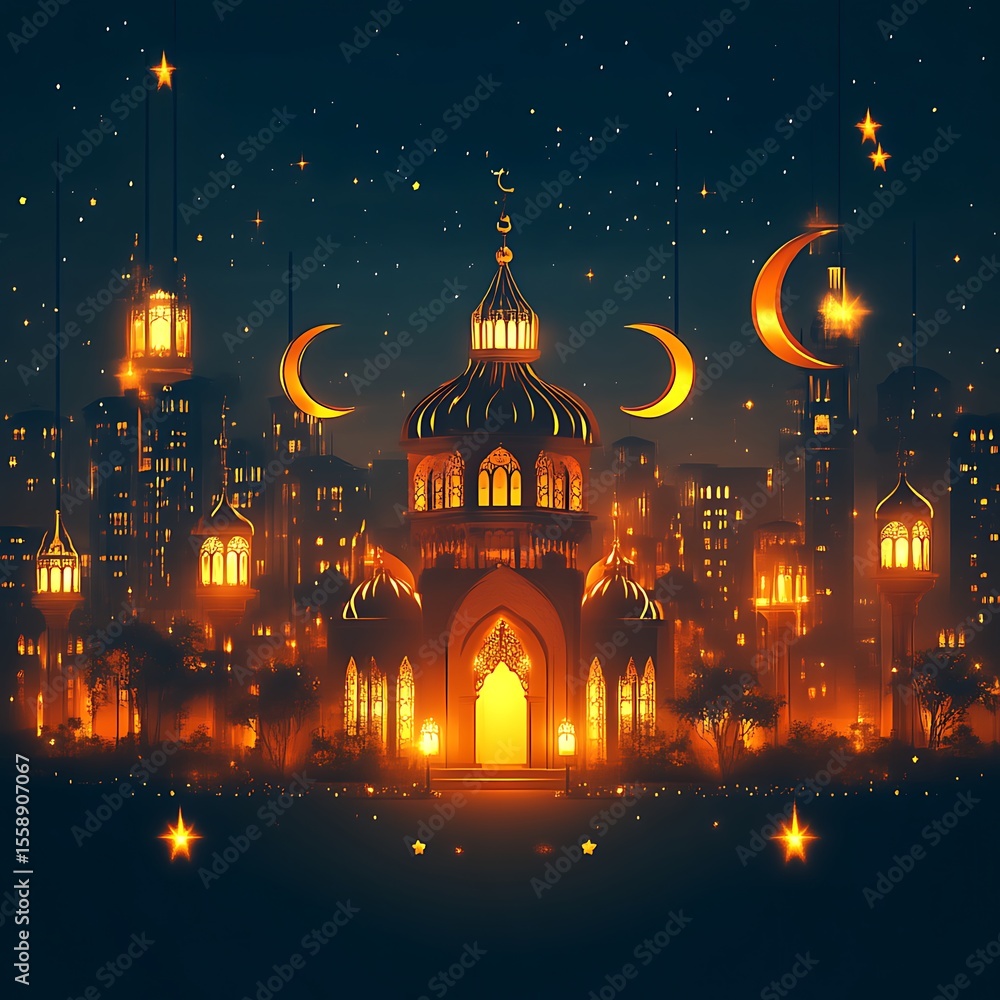 Obraz premium Night city mosque, illuminated by lanterns and crescent moons