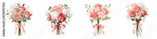 Quadro em tela Four Romantic Rose Bouquets with Baby's Breath and Ribbon on White