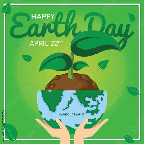 Happy earth day horizontal square card banner poster celebration on April 22. Hands holding earth shaped pot with plants. Earth day concept. Modern flat style illustration.
