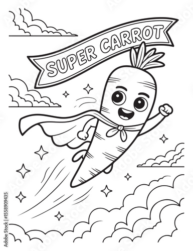 Super carrot character flying in the sky coloring page art