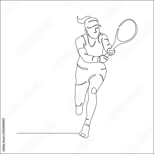 Line art of a female tennis player running forward with a racket, capturing dynamic motion and athleticism in a minimalist style.