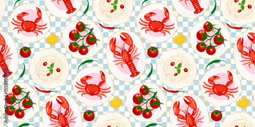 Seamless pattern lobsters, crabs, spaghetti, tomatoes, and peppers on a blue checkered background. Illustration food themed decorative design. Mediterranean summer vacation food creative wallpaper 