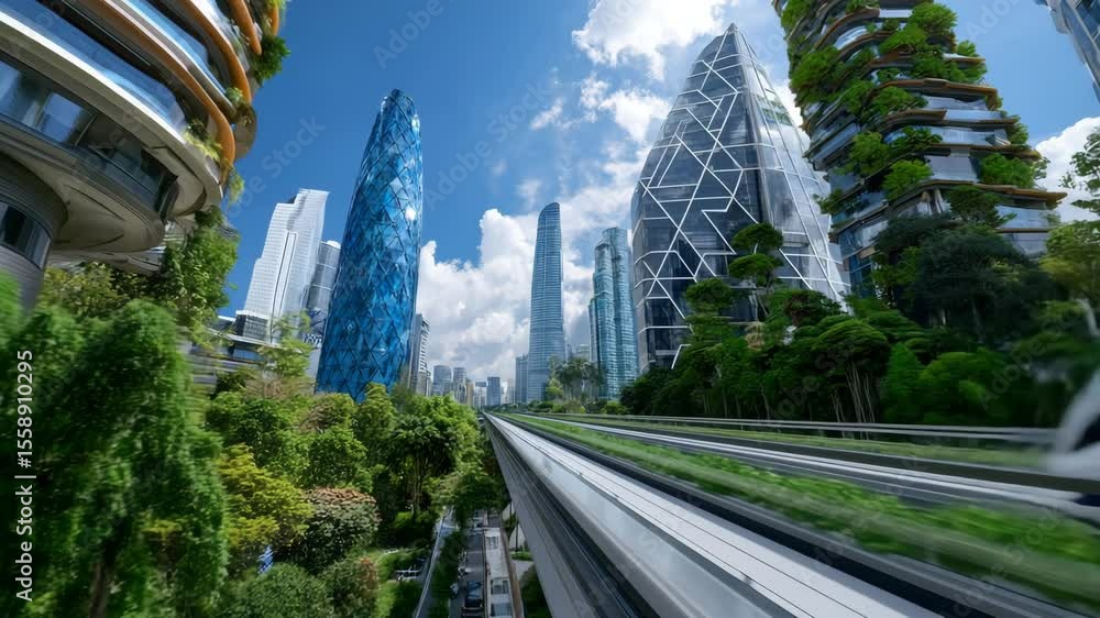 A futuristic city with vibrant green spaces, sustainable architecture, and modern transportation. The scene showcases a vision of the future where technology and nature coexist harmoniously