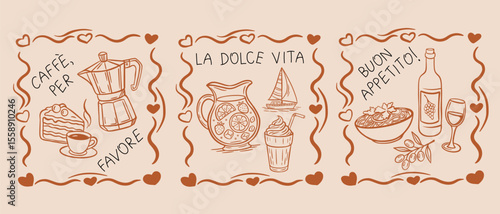 Italian summer holidays, doodle style illustrations in frames. Italian cuisine, food - coasts, olives, wine, lemons, limoncello, coffee. Seaside weekend print for invitations, postcards. La dolce Vita