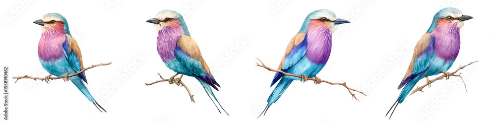 Obraz premium Lilac Breasted Roller Watercolor Illustration Set, Isolated