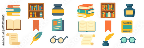 Illustrations of bookshelves, stationery, and writing tools from a cozy library setting during a sunny afternoon