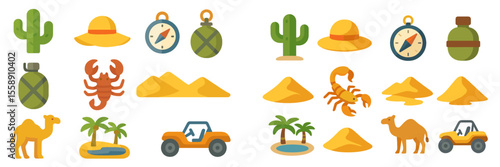 Desert adventure with cacti, scorpions, and off-road vehicles at a warm oasis