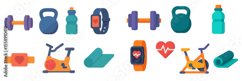 Fitness equipment and accessories arranged for a workout session in a gym setting during the daytime