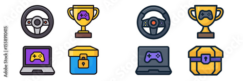 Icons representing gaming achievements and equipment featuring controllers, trophies, and computers displayed aesthetically