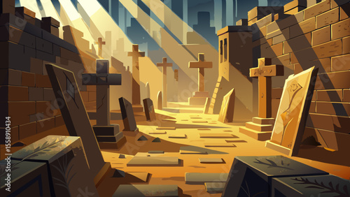 Sunlight falls diagonally across carved crosses etched into ancient stone walls. Dust floats in the air as shadows shift over chiseled passageways.

