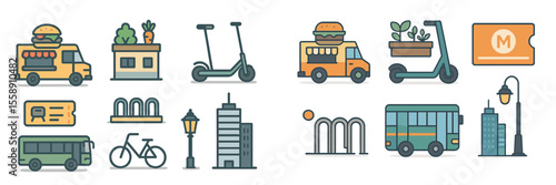 Exploring urban life with food trucks, electric scooters, and public transportation in a vibrant cityscape