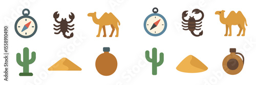 Colorful desert-themed icons featuring camels, scorpions, and compasses arranged in a playful manner