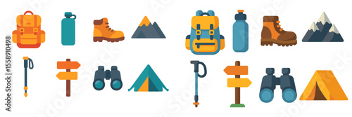 Hiking essentials collection including backpacks, water bottles, tents, and outdoor gear suitable for mountain adventures