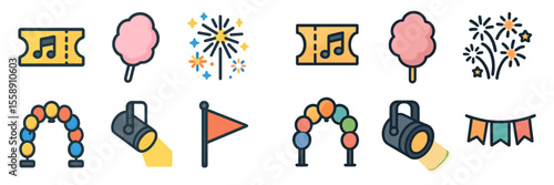 Colorful fairground icons representing fun activities and festive moments at an outdoor event during summer