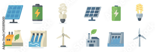 Renewable energy icons illustrating solar, wind, and hydroelectric power with battery symbols in a colorful design