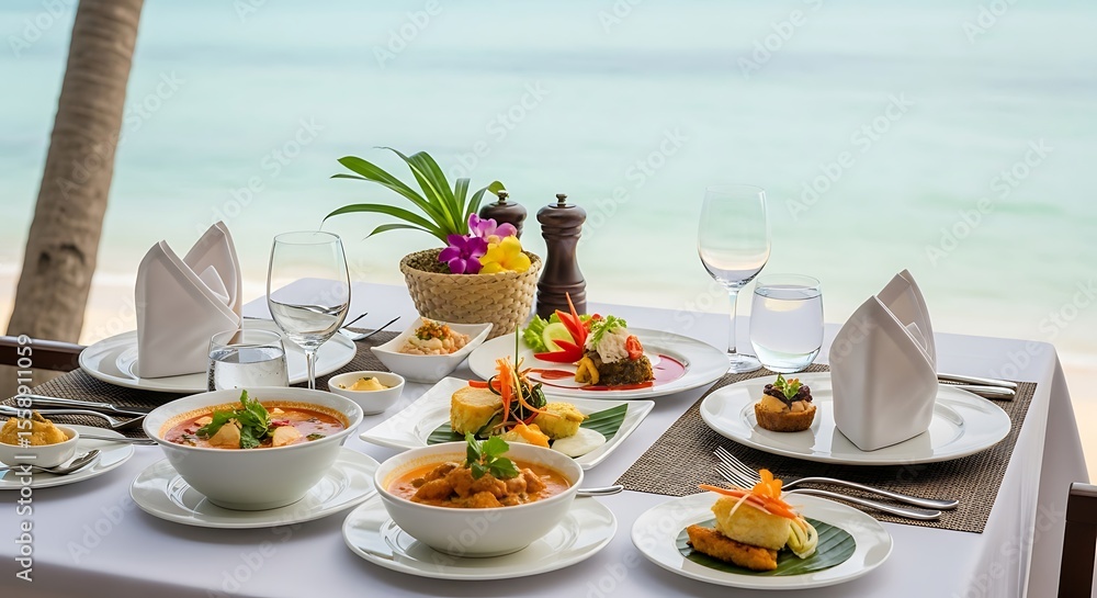 Fototapeta premium Gourmet lunch with ocean views in a tropical setting, Exquisite Thai cuisine served at a luxury resort against a backdrop of turquoise waters