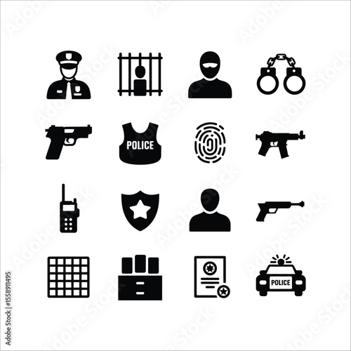 Police law enforcement crime investigation icons set vector illustration graphic design concept 100 char