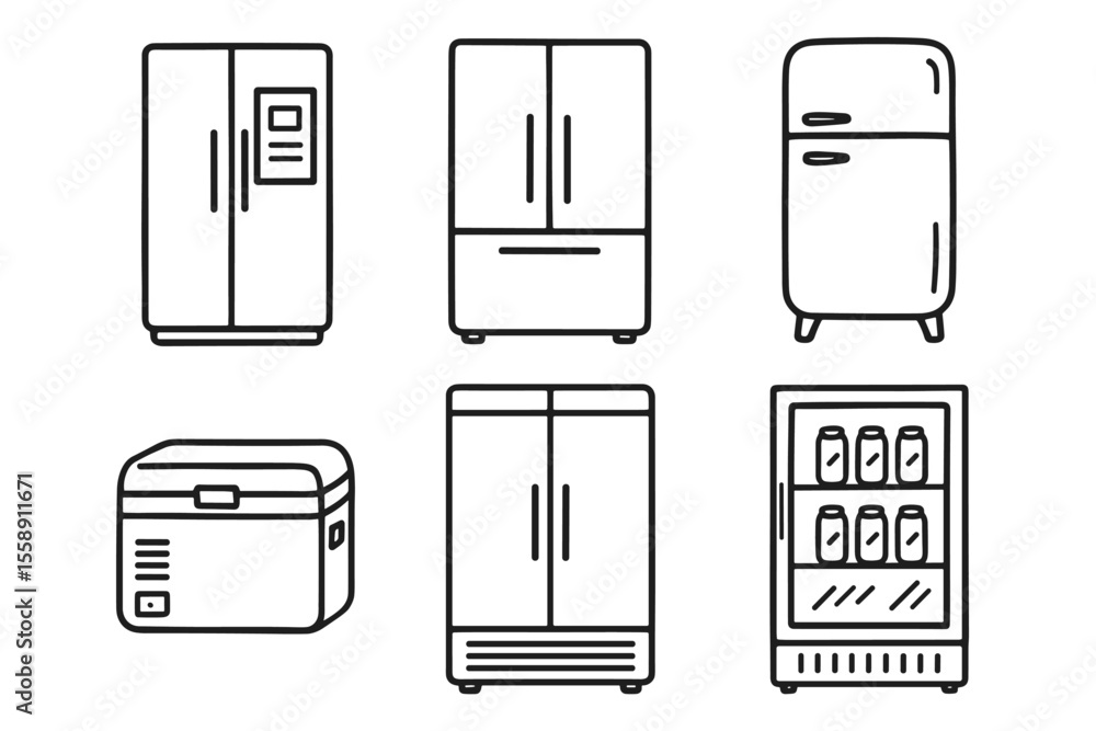 Set of refrigerator icons: various fridge styles and designs illustrated Set of refrigerator icons: various fridge styles and designs illustrated