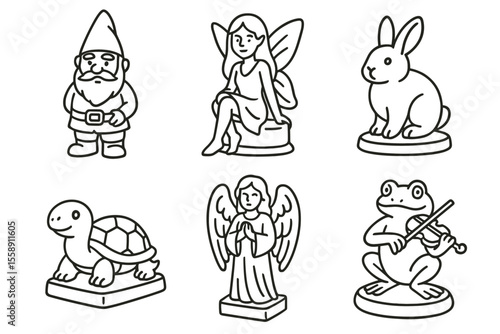 Garden statues: gnome, fairy, rabbit, turtle, angel, frog