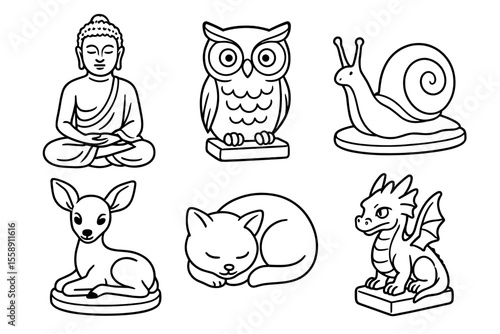 Buddha, owl, snail, deer, cat, dragon figurines line art