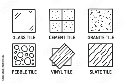 Types of tiles: glass, cement, granite, pebble, vinyl, slate designs