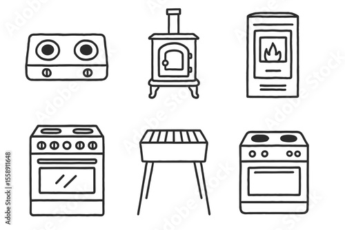Hand-drawn kitchen appliances and heating devices illustration