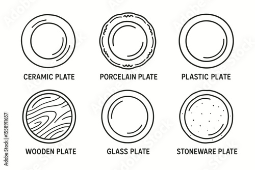 Ceramic, porcelain, plastic, wooden, glass, stoneware plates illustration