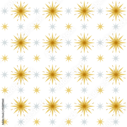 Christmas stars seamless pattern. Gold and silver stars vector decoration. Gift wrapping paper design