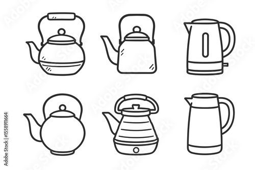Set of six kettle icons in line art style