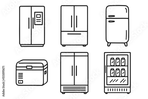 Set of refrigerator icons: various fridge styles and designs illustrated