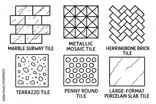 Various tile designs: marble subway, metallic mosaic, herringbone brick, terrazzo, penny round, porcelain slab