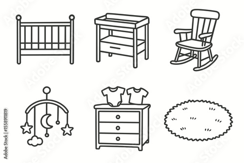 Baby nursery furniture icons: crib, changing table, rocker, mobile, dresser, rug
