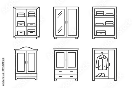 Minimalist wardrobe icons: storage solutions with shelves, mirrors, and clothing