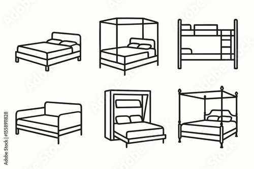 Line art of six bed types: double, canopy, bunk, sofa, murphy, four-poster
