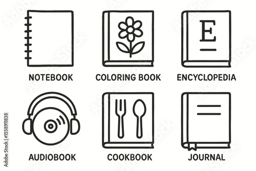 Illustrated icons of books and audio: notebook, coloring book, encyclopedia, audiobook, cookbook, journal