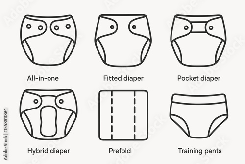 Types of reusable diapers: all-in-one, fitted, pocket, hybrid, prefold, training