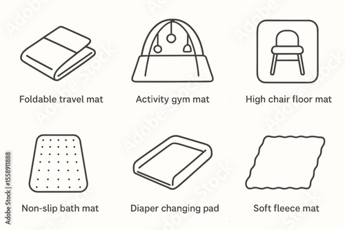 Infant play and care mats icons - travel, gym, high chair, bath, changing pad, fleece