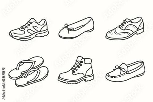 Various shoe types outline sketch including sneakers, flats, brogues, sandals, boots, loafers