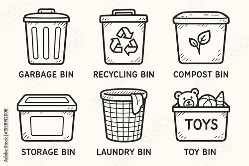 Illustrated garbage, recycling, compost, storage, laundry, and toy bins collection