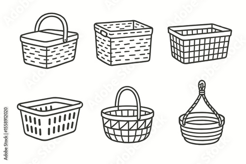 Collection of six hand-drawn baskets in black and white