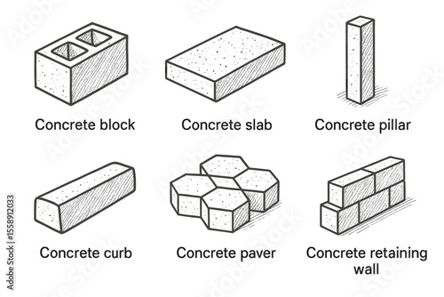Hand-drawn concrete building materials set: block, slab, pillar, curb, paver, retaining wall