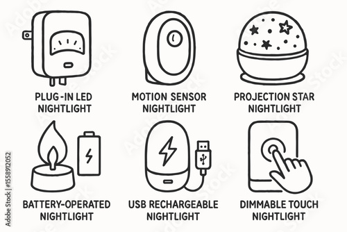Various types of nightlights: led, motion sensor, projection, battery-operated, usb, dimmable touch