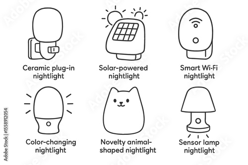 Various nightlights including smart wi-fi, solar-powered, and animal-shaped designs