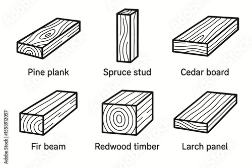 Illustration of various wood types: pine plank, spruce stud, cedar board, fir beam, redwood timber, larch panel