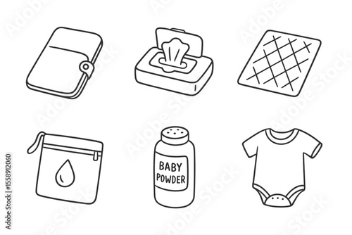 Baby care essentials: wipes, powder, diaper bag, mat, onesie illustration
