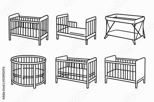 Variety of baby crib designs in line art style