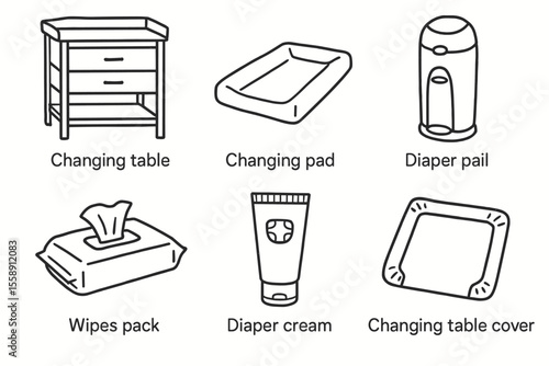 Essential baby nursery items: changing table, changing pad, diaper pail, wipes pack, diaper cream, changing table cover